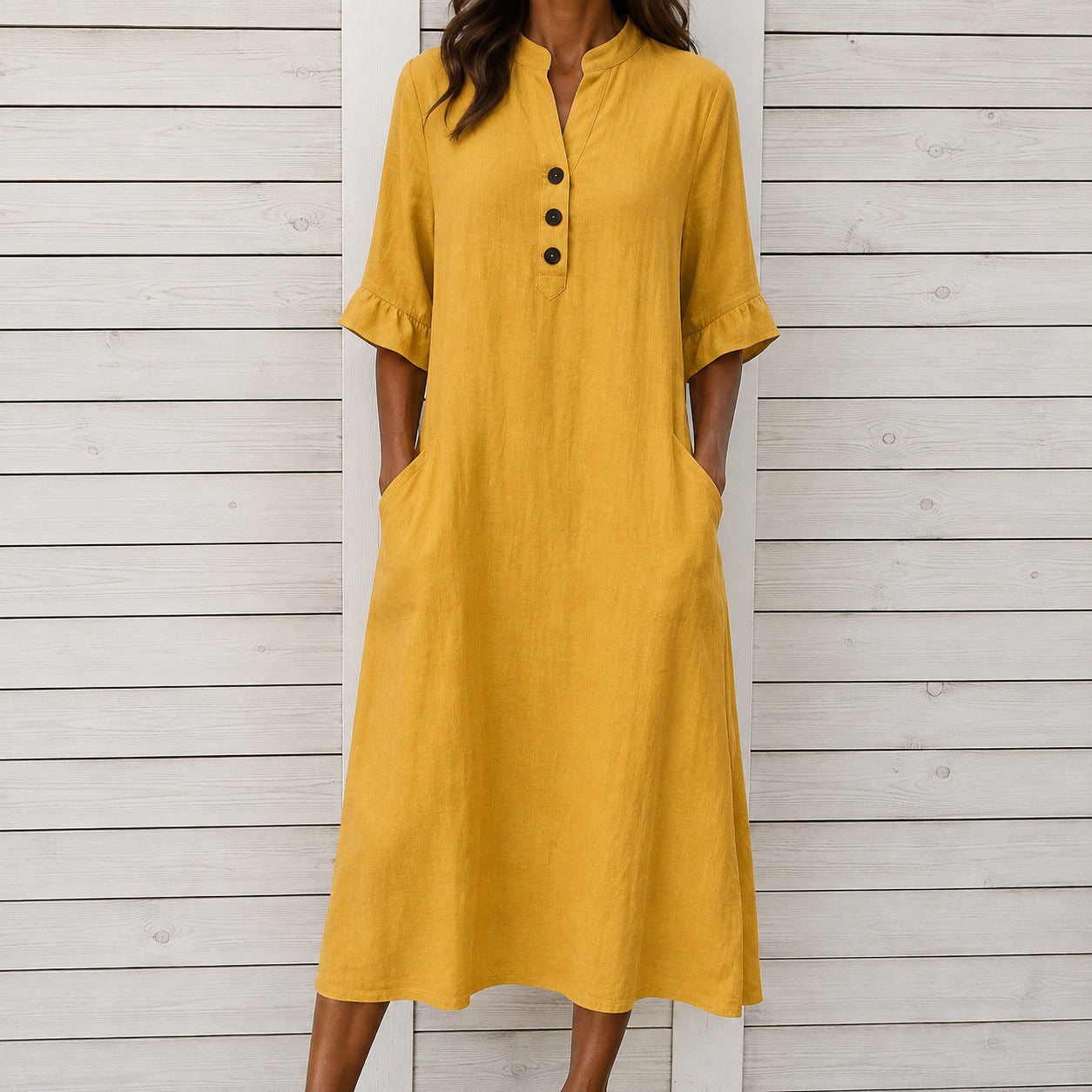 Dress Julia™ in Cotton with Stand Collar, Button Front and Pockets