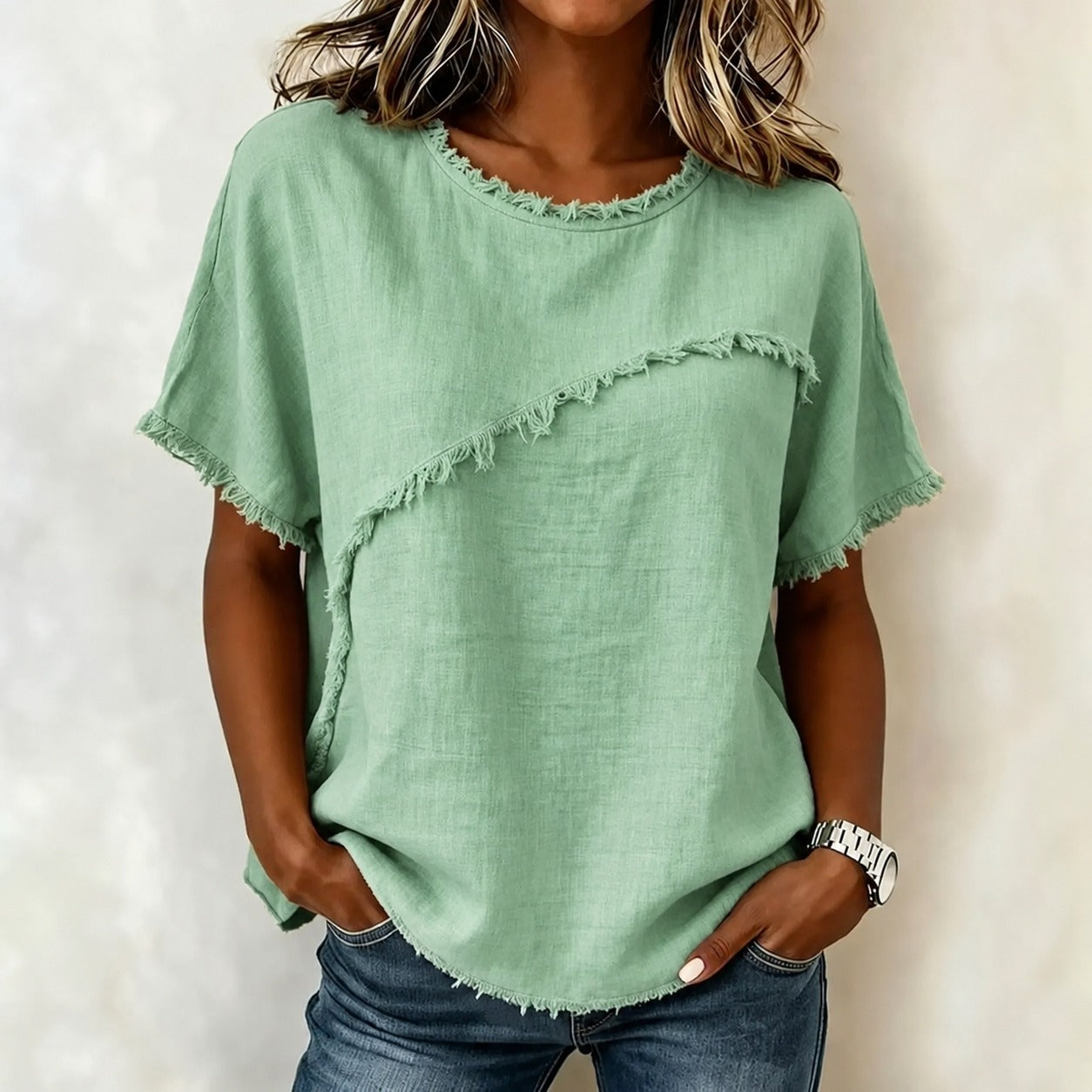 Verena™ Blouse with Asymmetrical Paneling and Frayed Trim