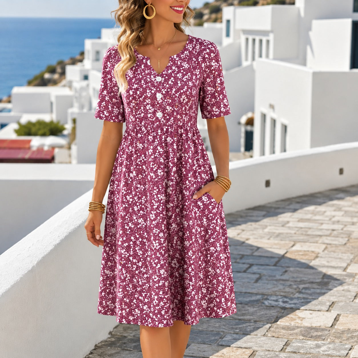 Linden™ Midi Dress with Front Buttons, Floral Print and Short Sleeves
