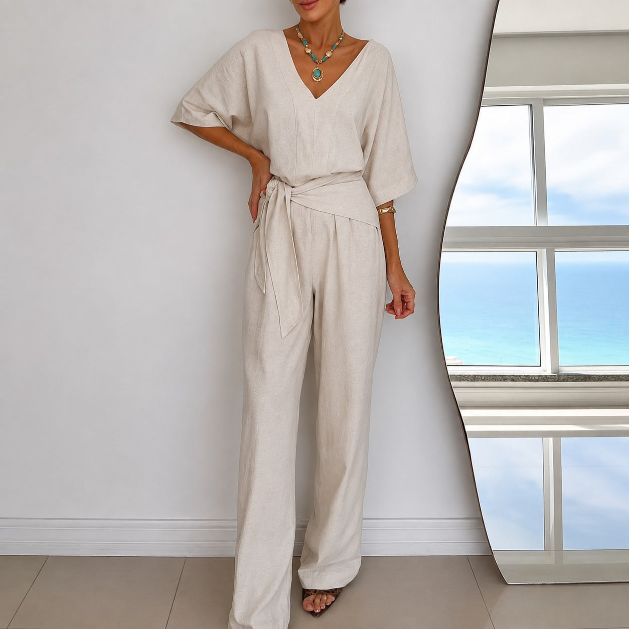 Jumpsuit Brianna™ with V-Neck, Tie Waist and Wide-Leg Fit