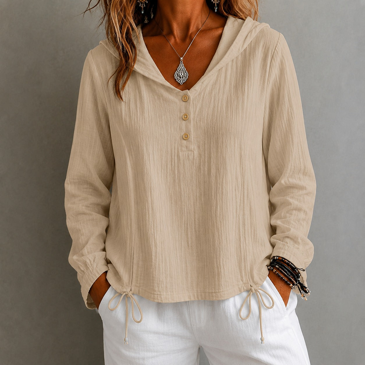 Blouse Danielle™ with Hood, Button-Front and Drawstring Hem