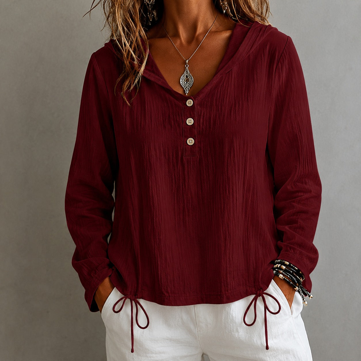 Blouse Danielle™ with Hood, Button-Front and Drawstring Hem