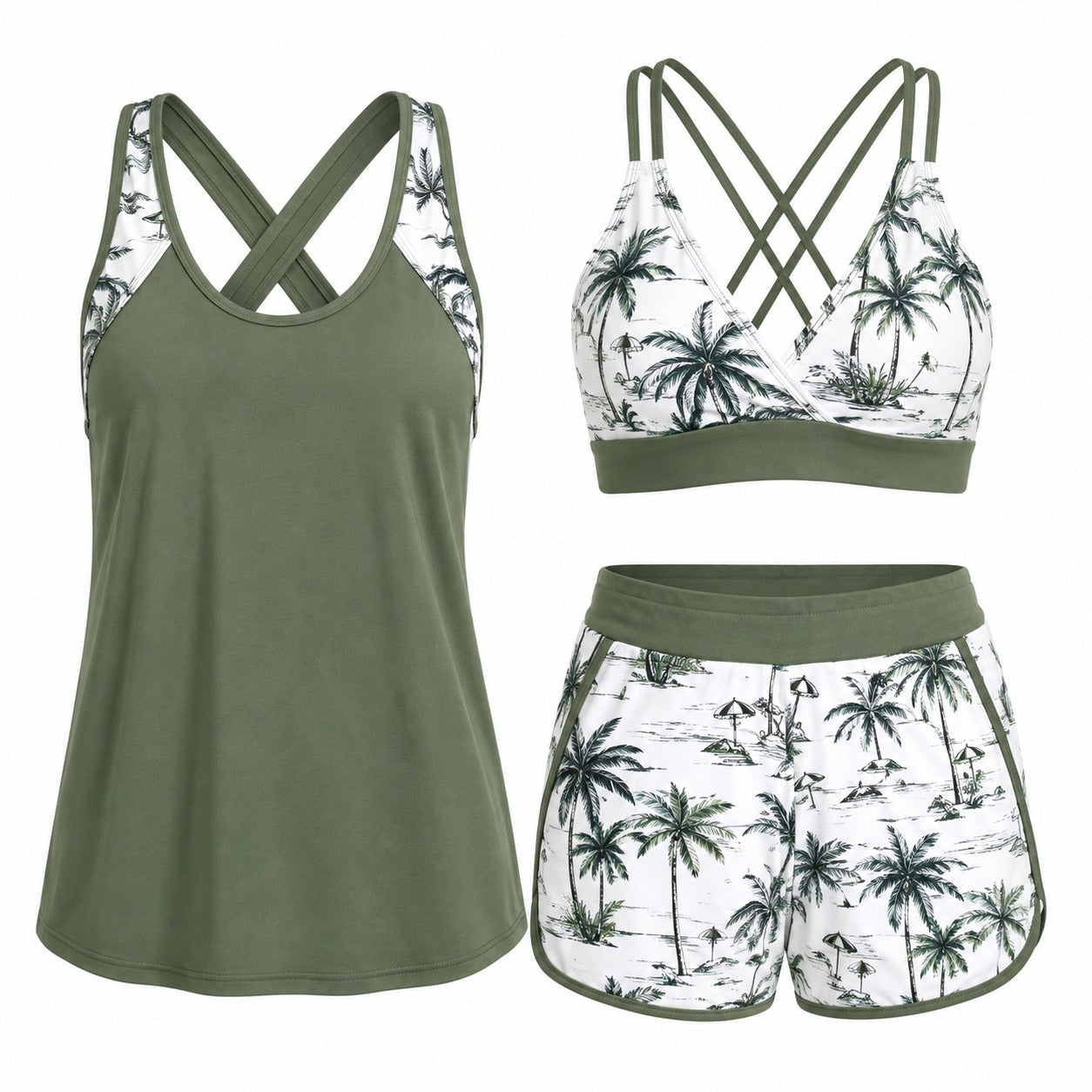 Marena™ 3-Piece Tankini Set with Cover-Up, Cross-Back Top and Swim Shorts