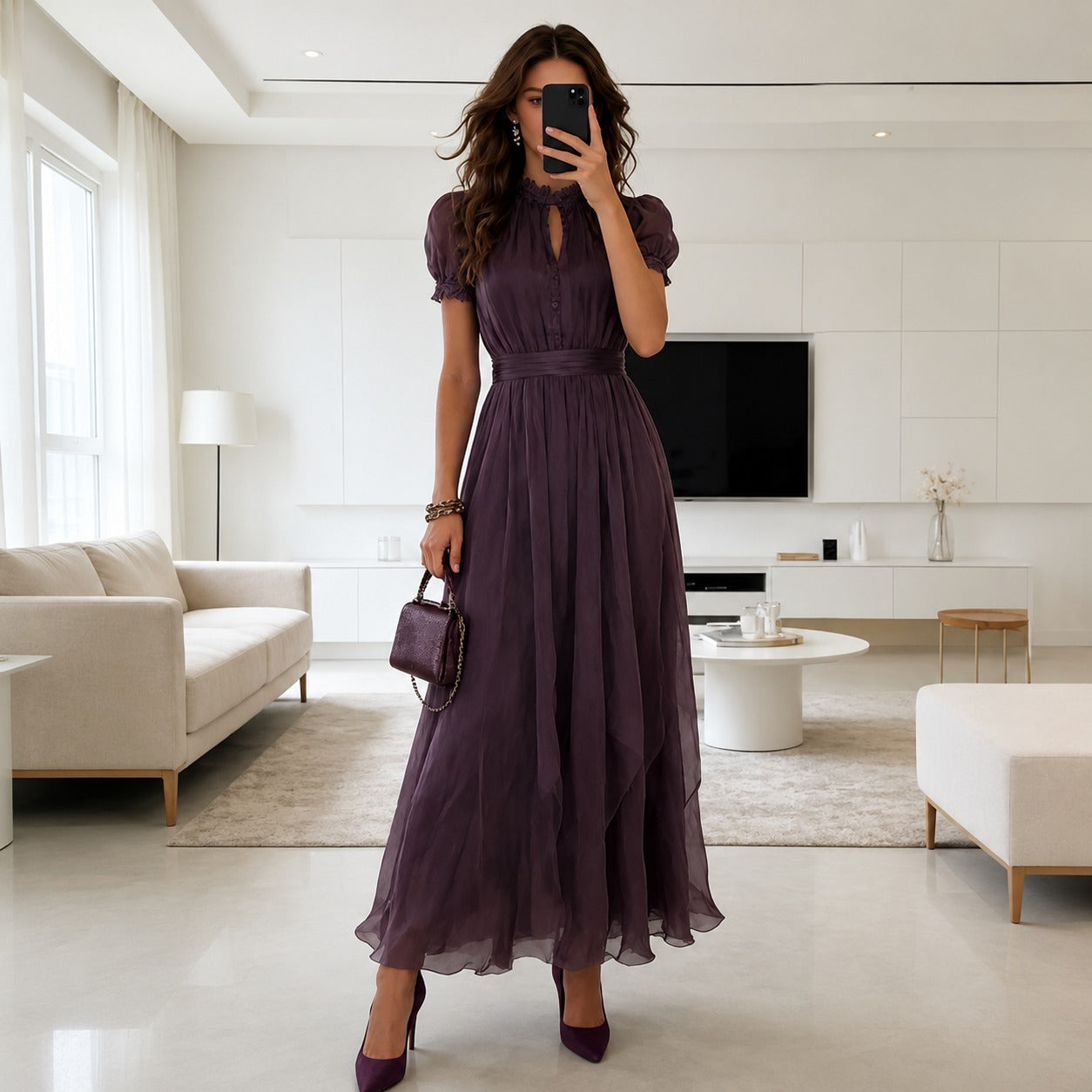 Dress Lenora™ with Flowy Skirt, Defined Waist and Sheer Short Sleeves