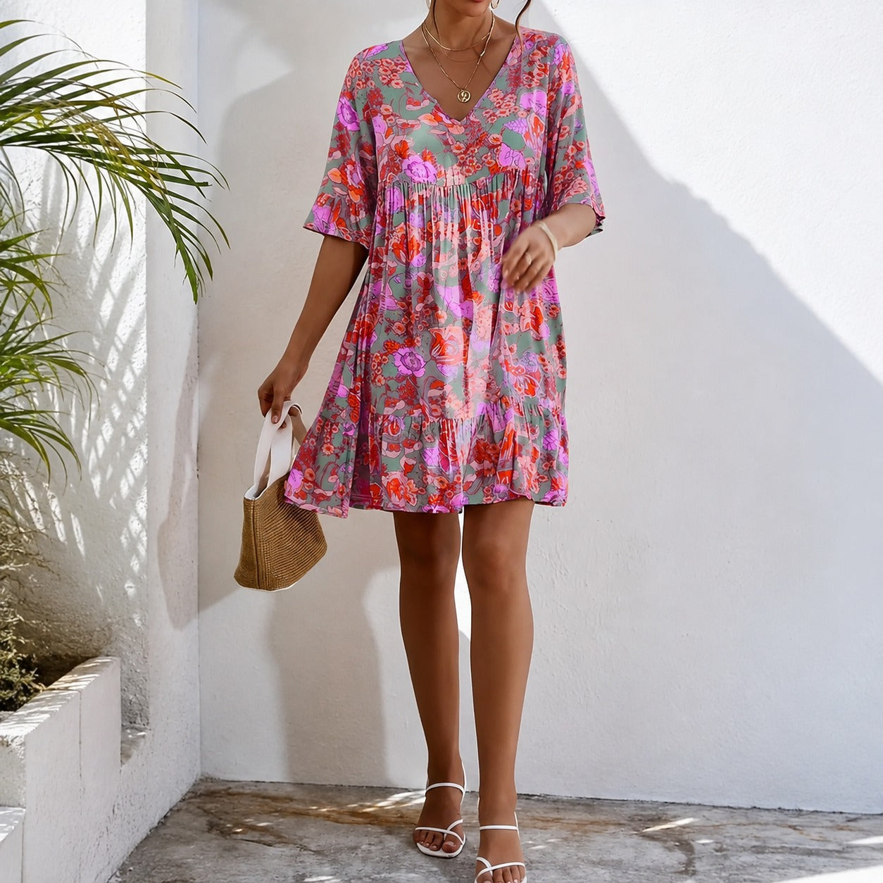 Amarise™ Floral Dress with 3/4 Sleeves and Gathered Underbust Seam