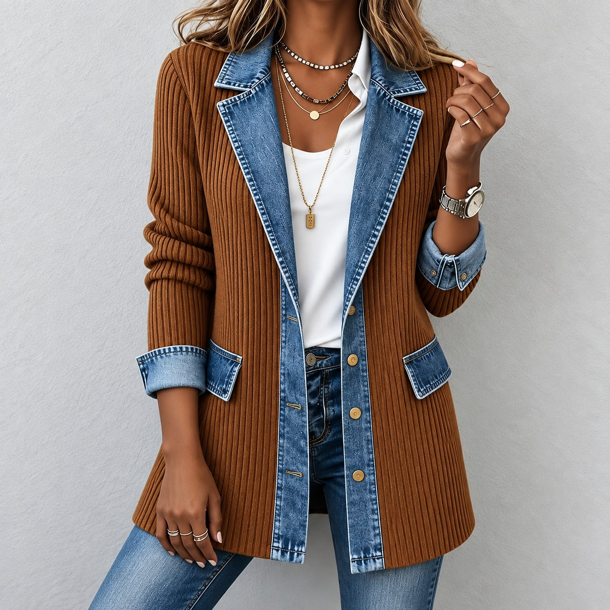 Jacket Caroline™ Longline Ribbed Knit, Denim Trim and Button Front