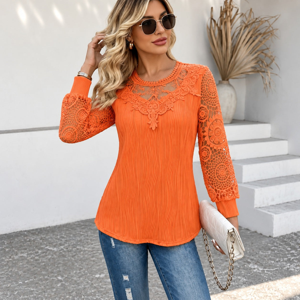 Almira™ Blouse with Openwork Lace, Long Sleeves and Embroidered Neckline Detail