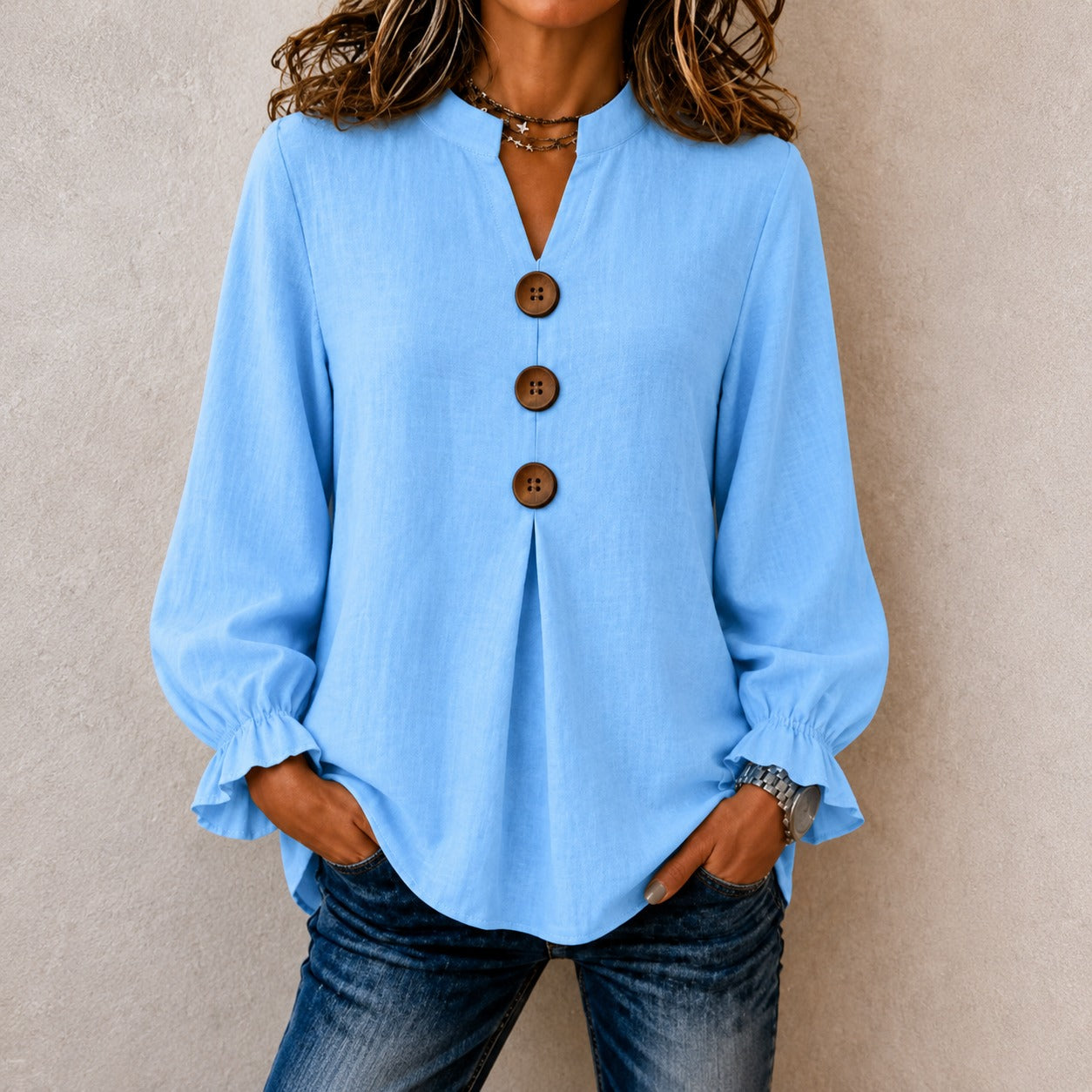 Blouse Molly™ with Mandarin Collar, Button-Front and Ruffled Cuffs