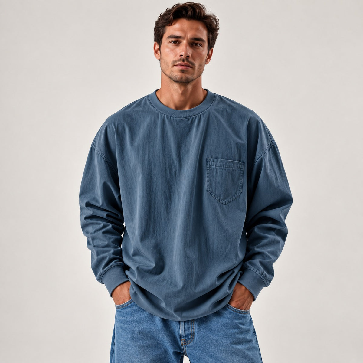 Daven™ Long-Sleeve Shirt with Minimalist Design and Chest Pocket