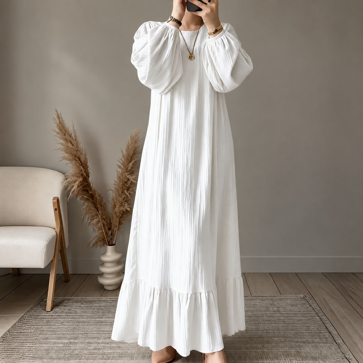 Dress Waverly™ with Voluminous Sleeves, Relaxed Fit and Ruffled Hem