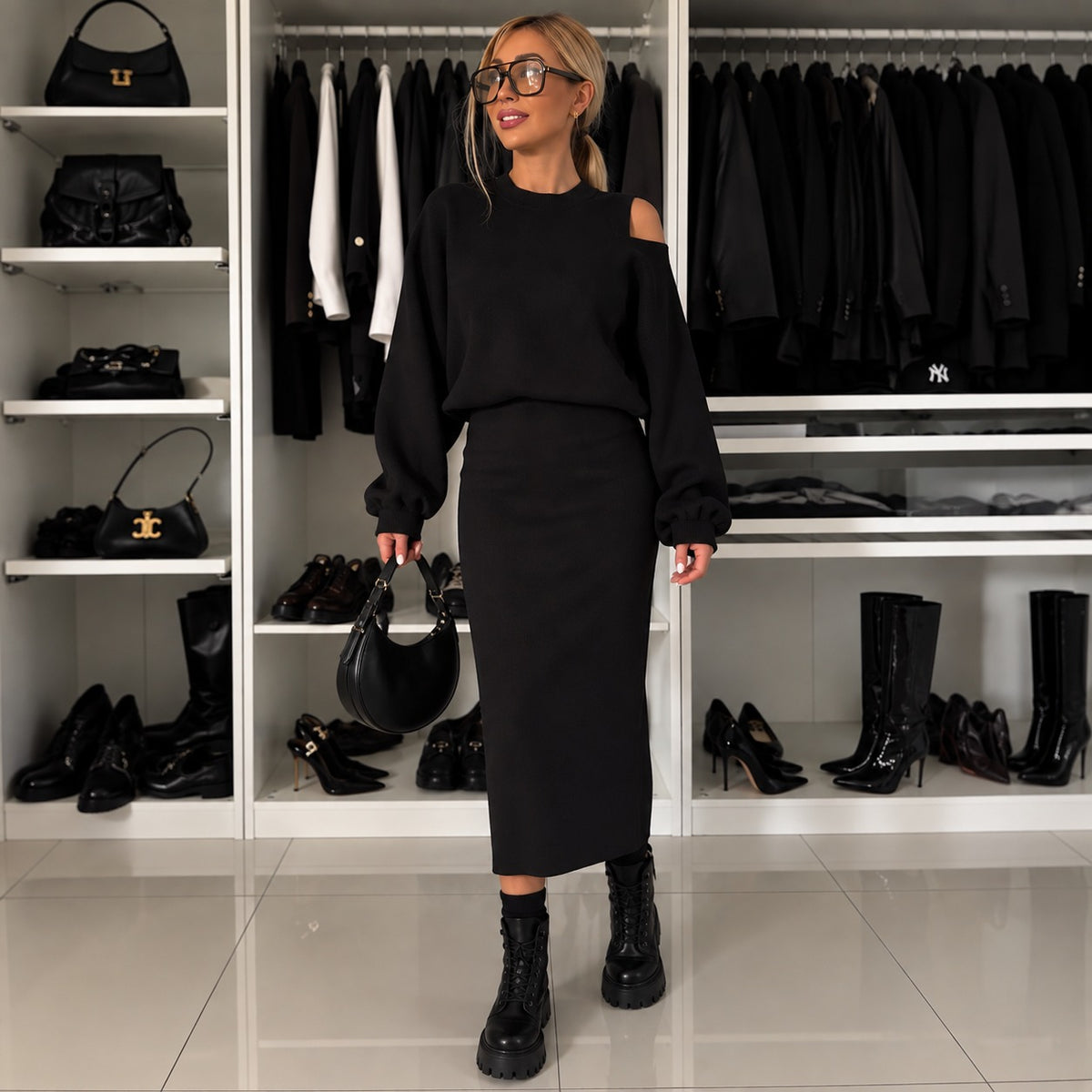 Set Verity™ with Fitted Midi Dress and Wide-Neck Oversized Top