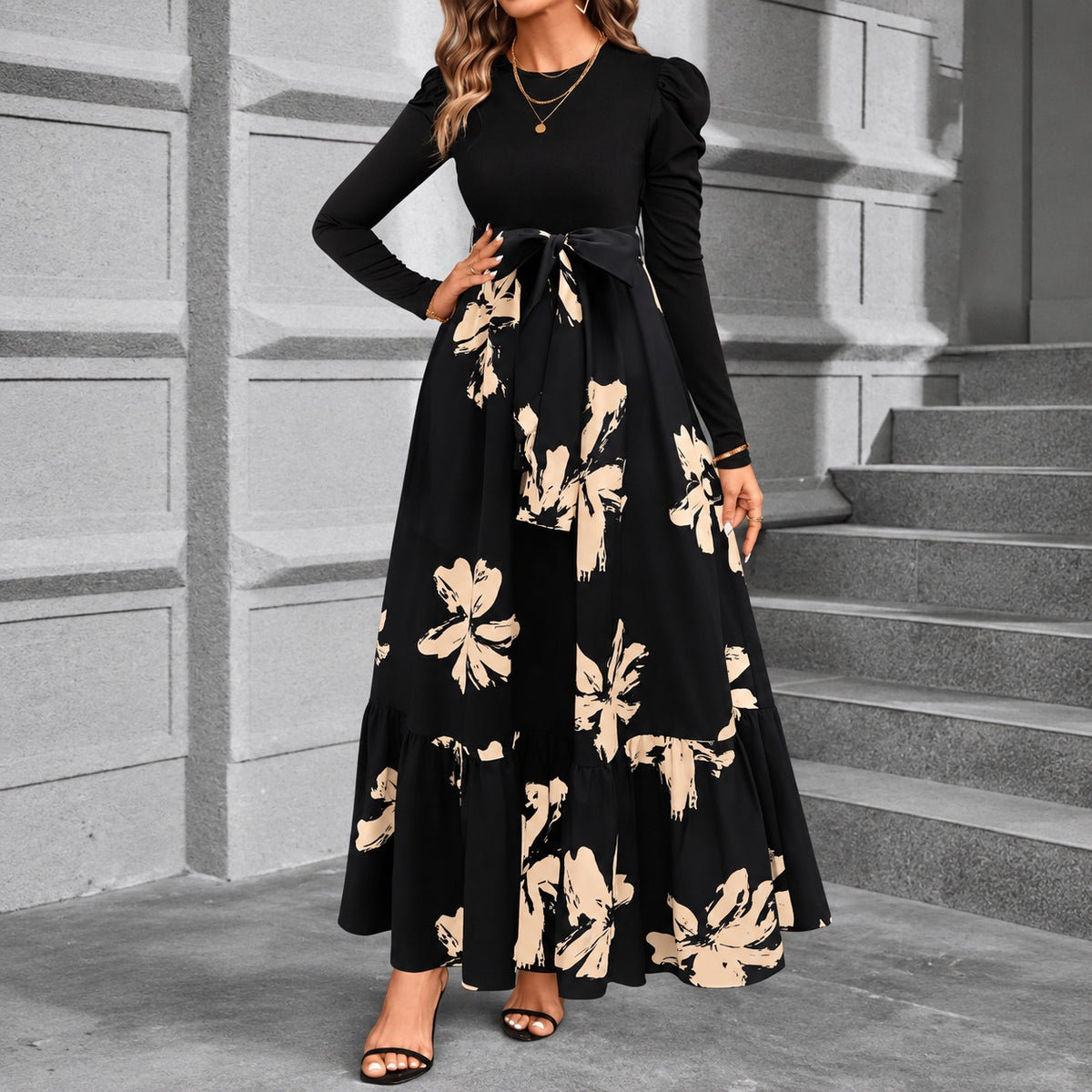 Liselle™ Retro Dress with Defined Waist and Printed Maxi Skirt