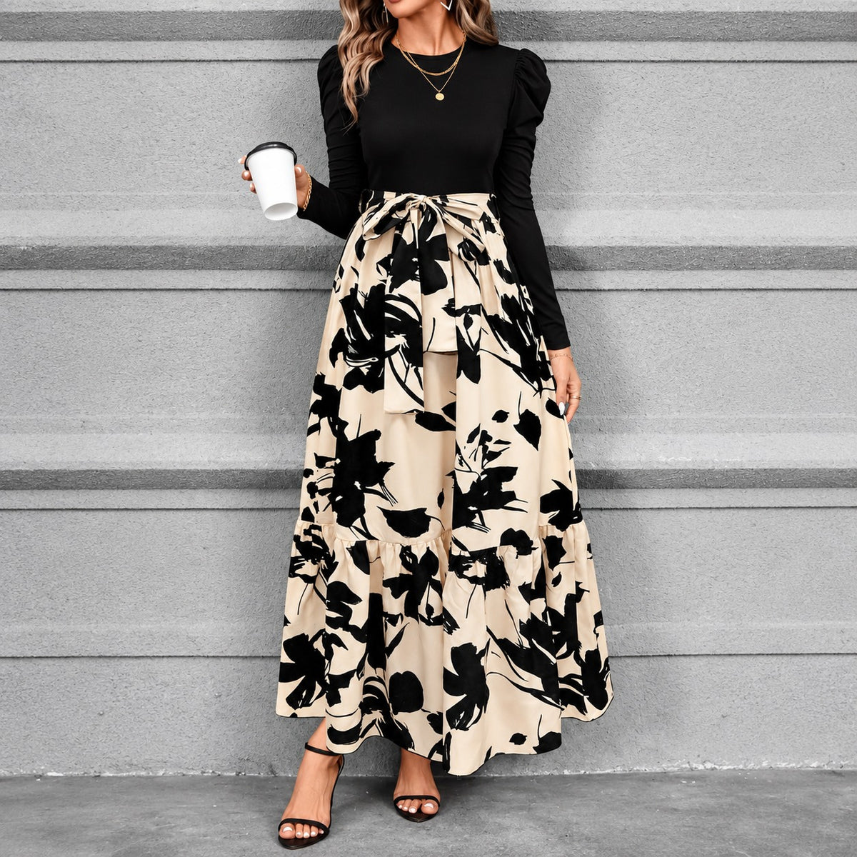 Liselle™ Retro Dress with Defined Waist and Printed Maxi Skirt