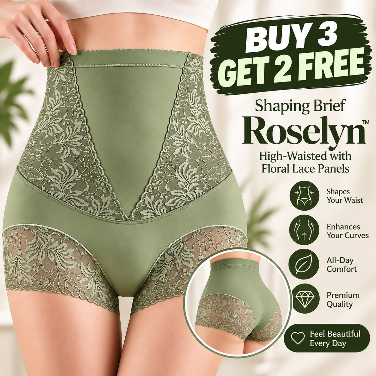 BUY 3 GET 2 FREE - Shaping Brief Roselyn™ with High Waist and Floral Lace Panels