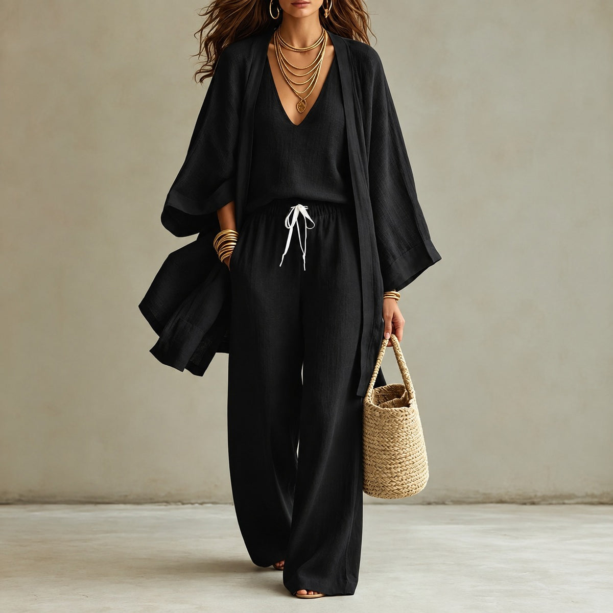 Mirelia™ 3-Piece Set with V-Neck Tank Top, Wide-Leg Pants and Long Kimono