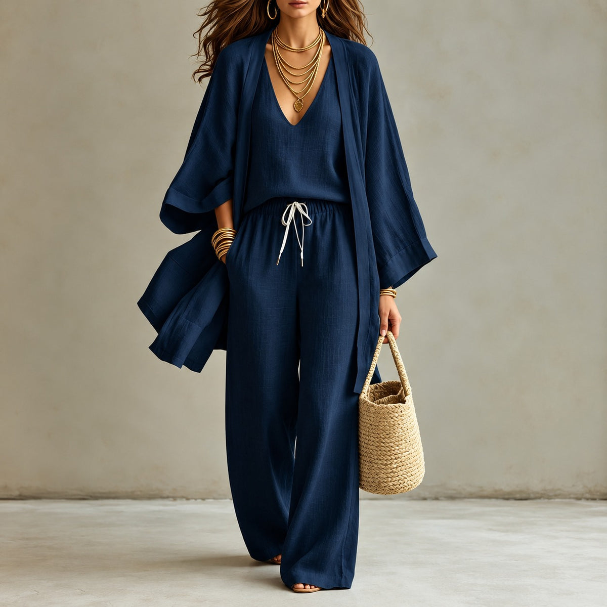 Mirelia™ 3-Piece Set with V-Neck Tank Top, Wide-Leg Pants and Long Kimono