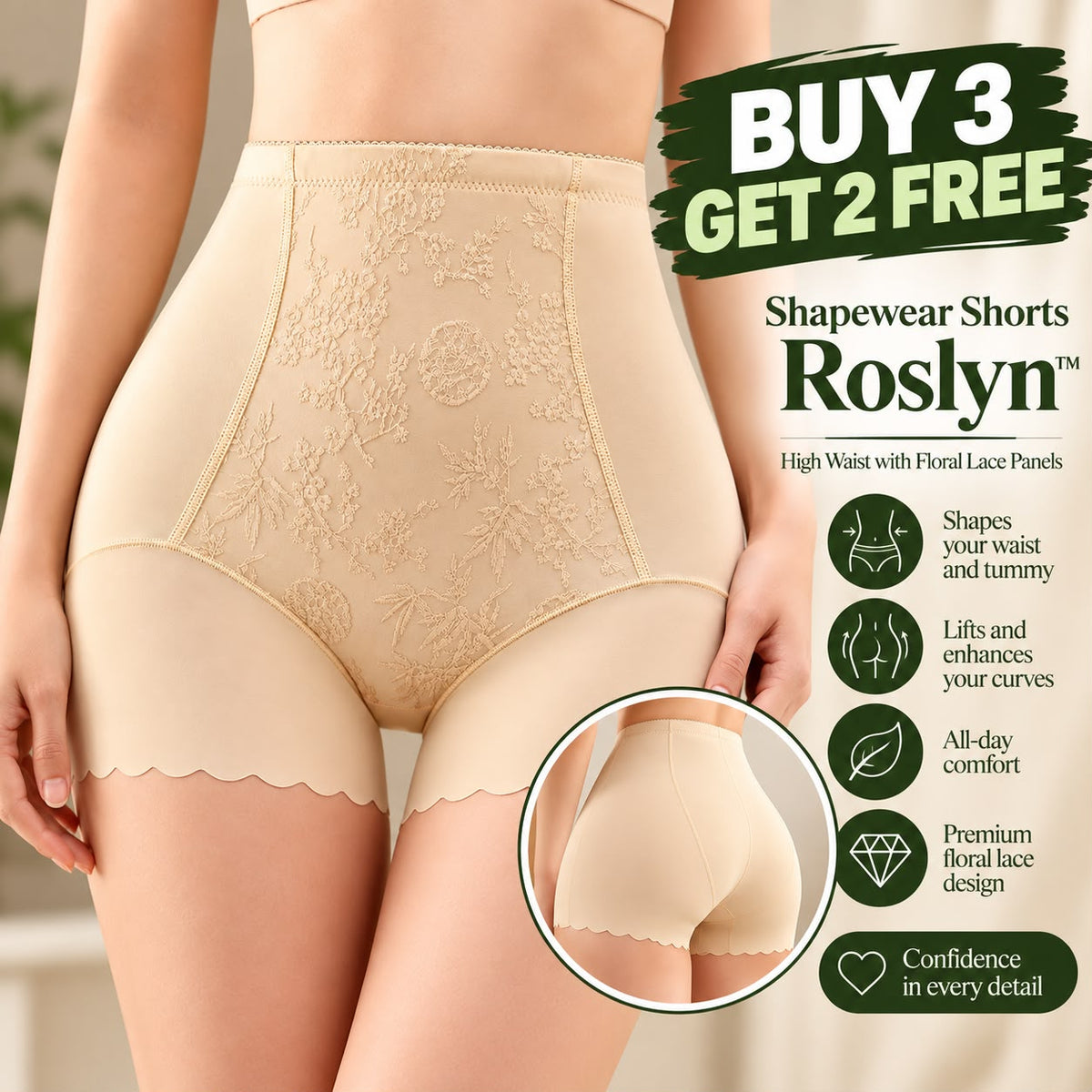 BUY 3 GET 2 FREE - Shapewear Shorts Roslyn™ with High Waist, Floral Panel and Scalloped Hem