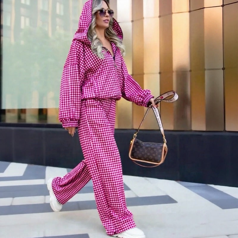 Maddalena™ Set with Oversized Hooded Top, Wide-Leg Pants and Minimalist Check Print