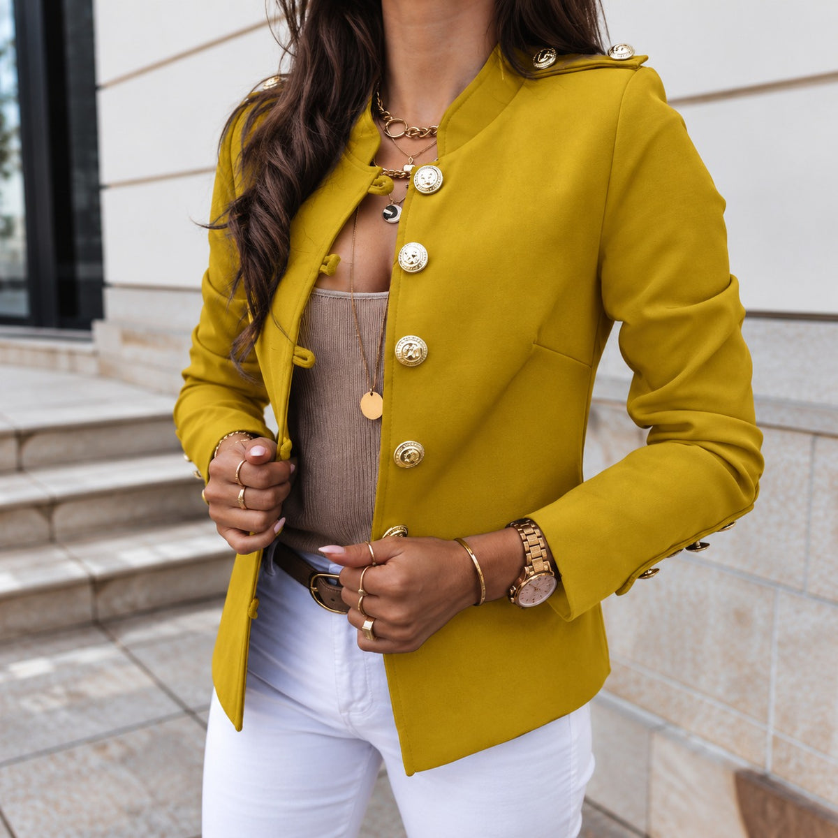 Jacket Adelaide™ with Stand Collar, Button-Front Closure and Shoulder Details