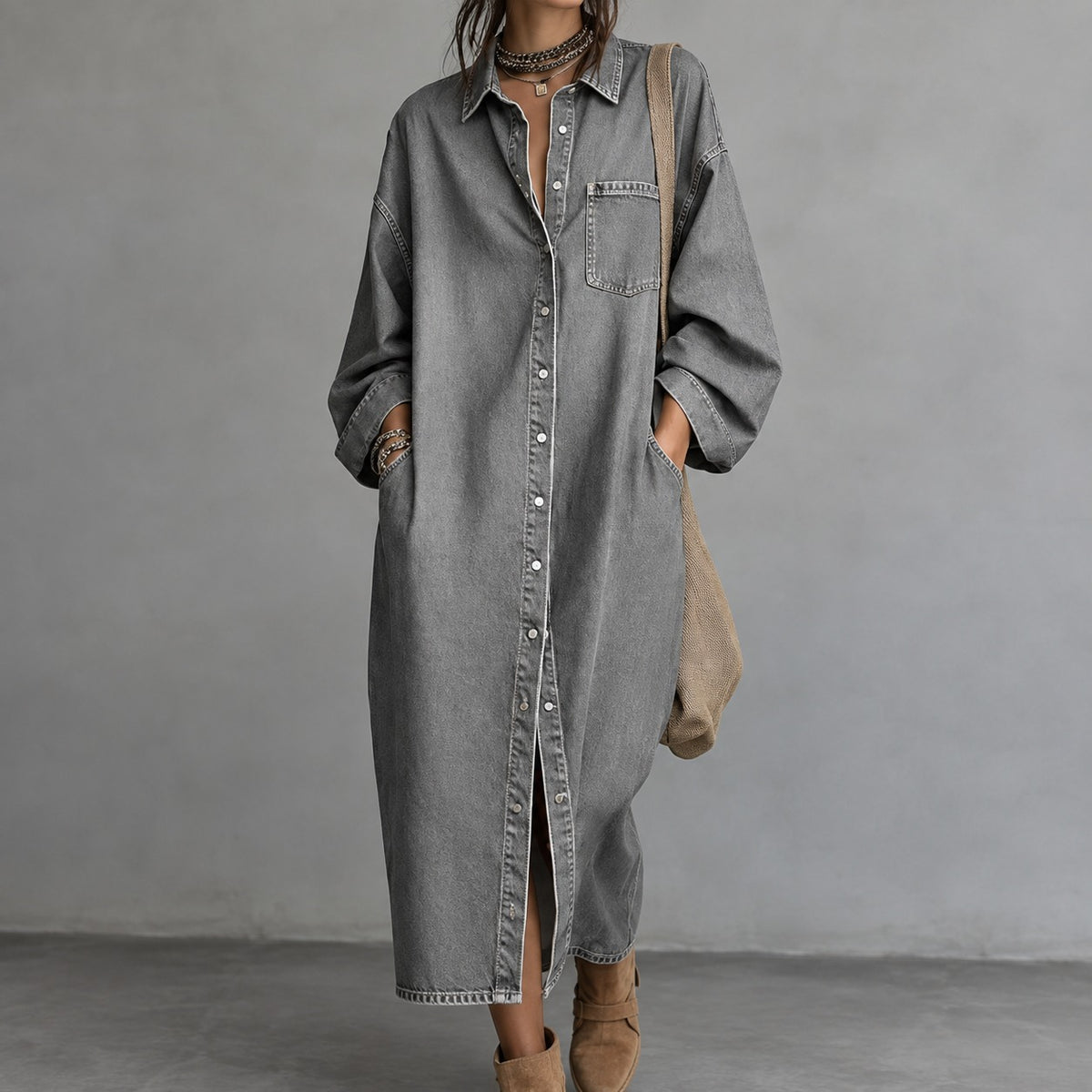 Denim Dress Pescara™ with a Classic Collar and Button-Front Closure