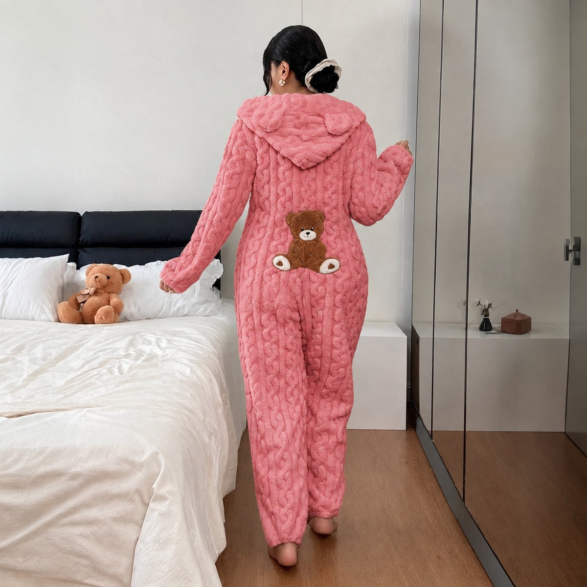 Ursina™ Plush Hooded Jumpsuit with Bear Ears and Teddy Bear Appliqué