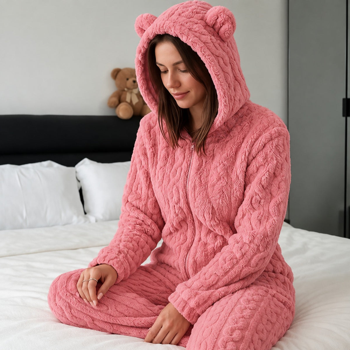 Ursina™ Plush Hooded Jumpsuit with Bear Ears and Teddy Bear Appliqué