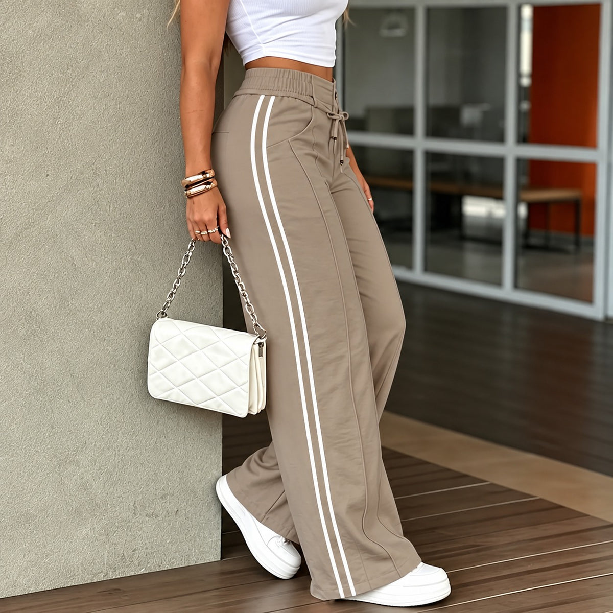 Livana™ High-Waisted Wide-Leg Pants with Adjustable Waist and Contrast Side Stripes