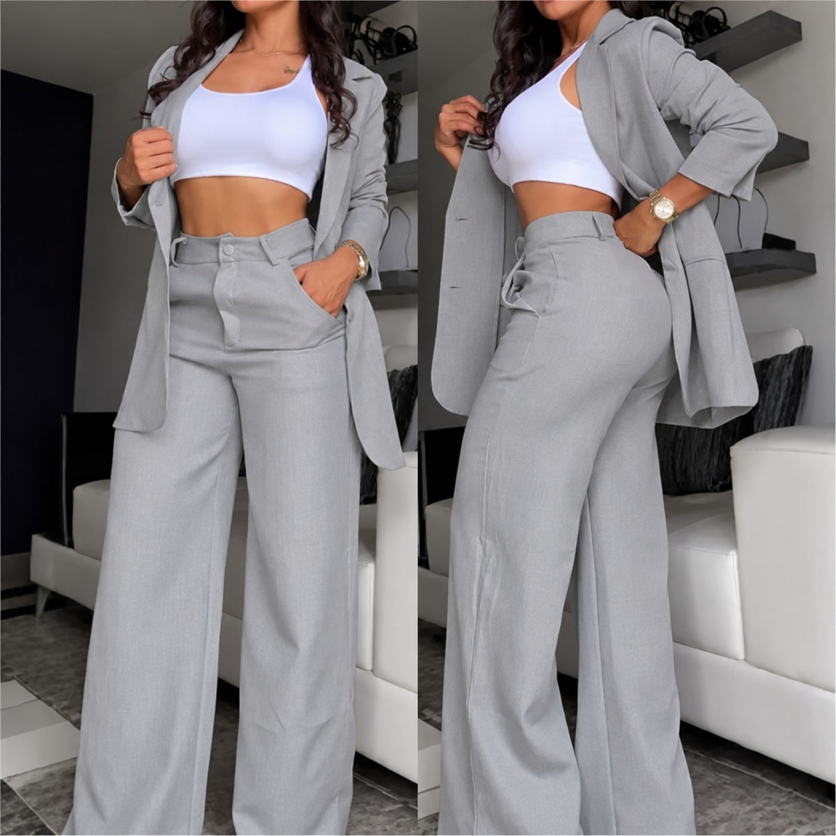 Marcelle™ Women's Blazer and Wide-Leg Pants Set with High-Waisted Design