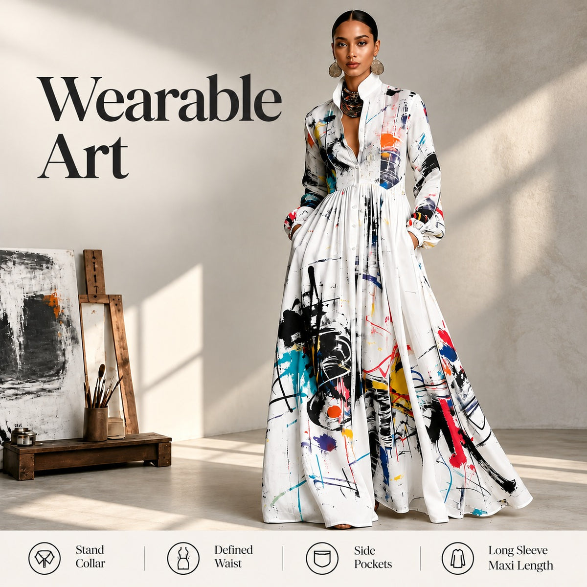 Dress Estelle™ with Abstract Art Print, Defined Waist and Flared Skirt