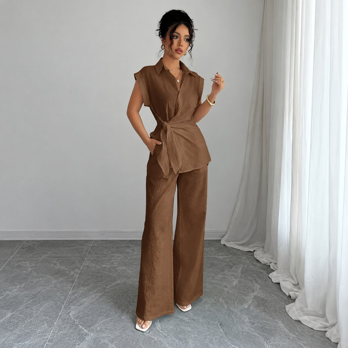 Set Elspeth™ with Button-Front Shirt and Wide-Leg Pants