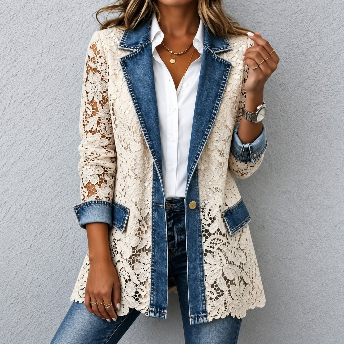 Denim Blazer Lausanne™ with Floral Lace and Classic Lapels