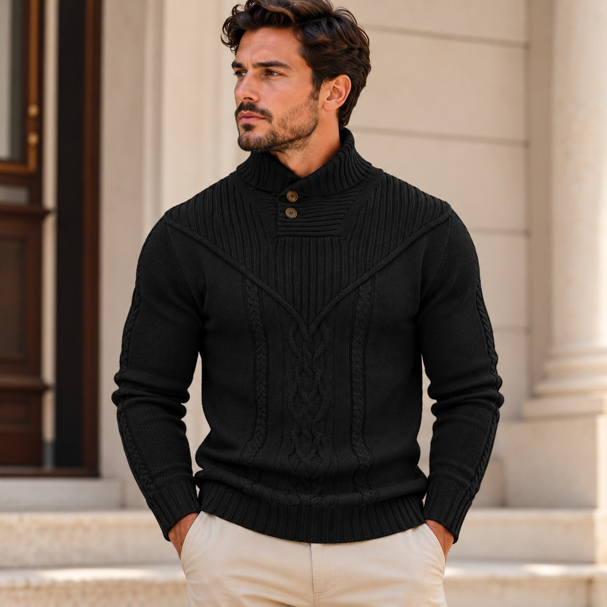 Sweater Darren™ with Textured Knit, Buttoned High Collar and Cable Details