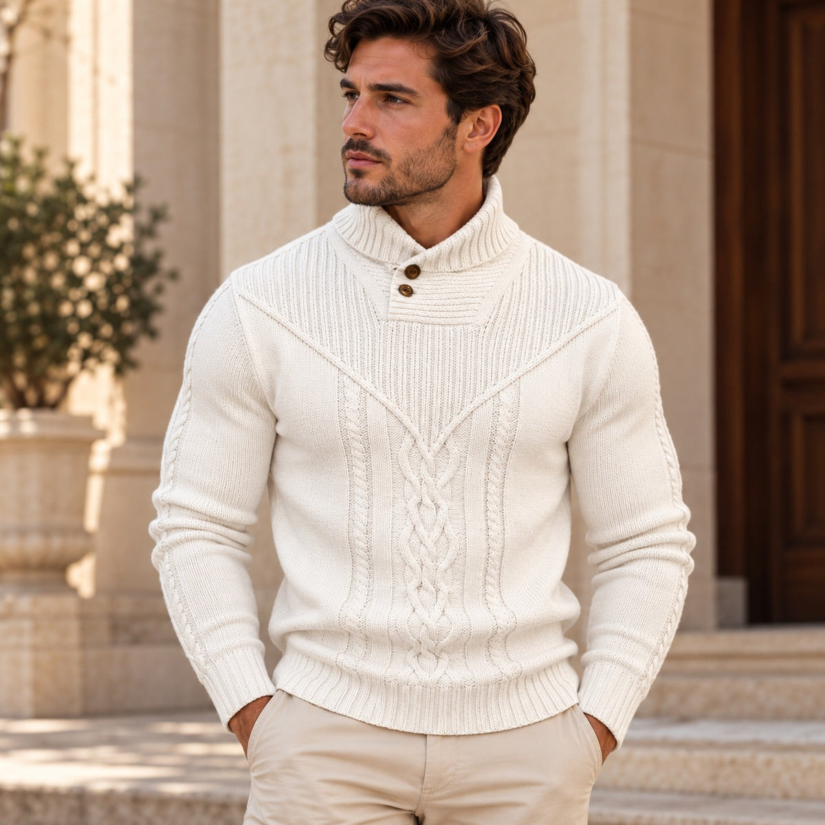 Sweater Darren™ with Textured Knit, Buttoned High Collar and Cable Details