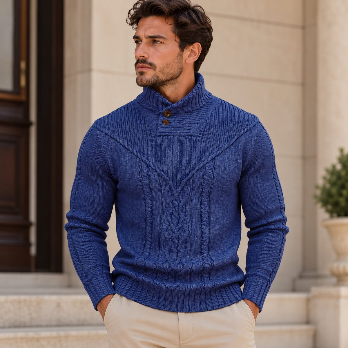 Sweater Darren™ with Textured Knit, Buttoned High Collar and Cable Details
