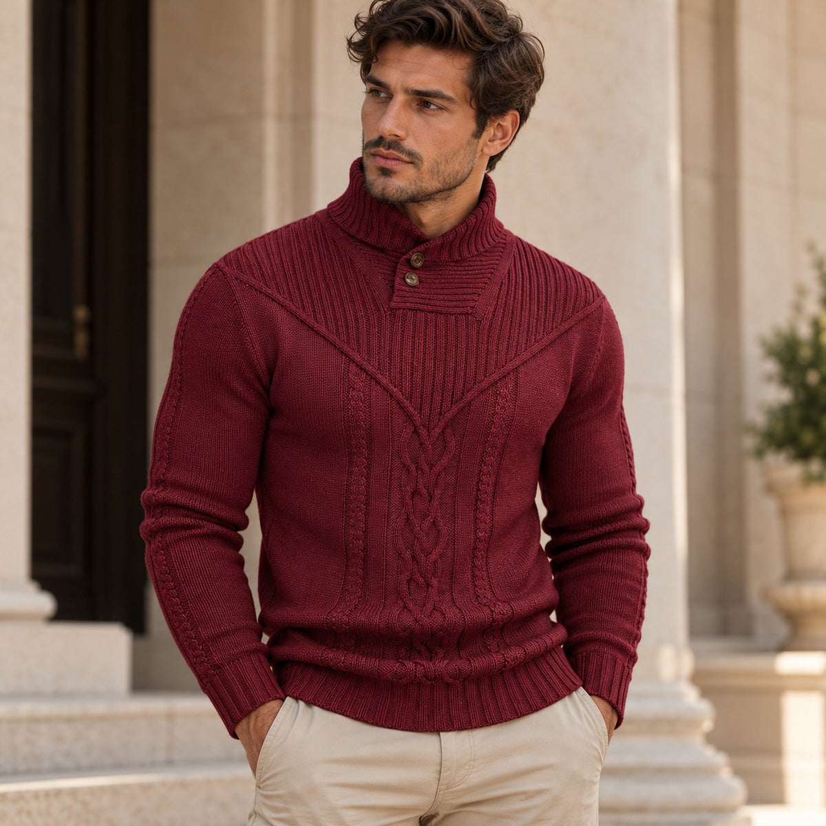 Sweater Darren™ with Textured Knit, Buttoned High Collar and Cable Details