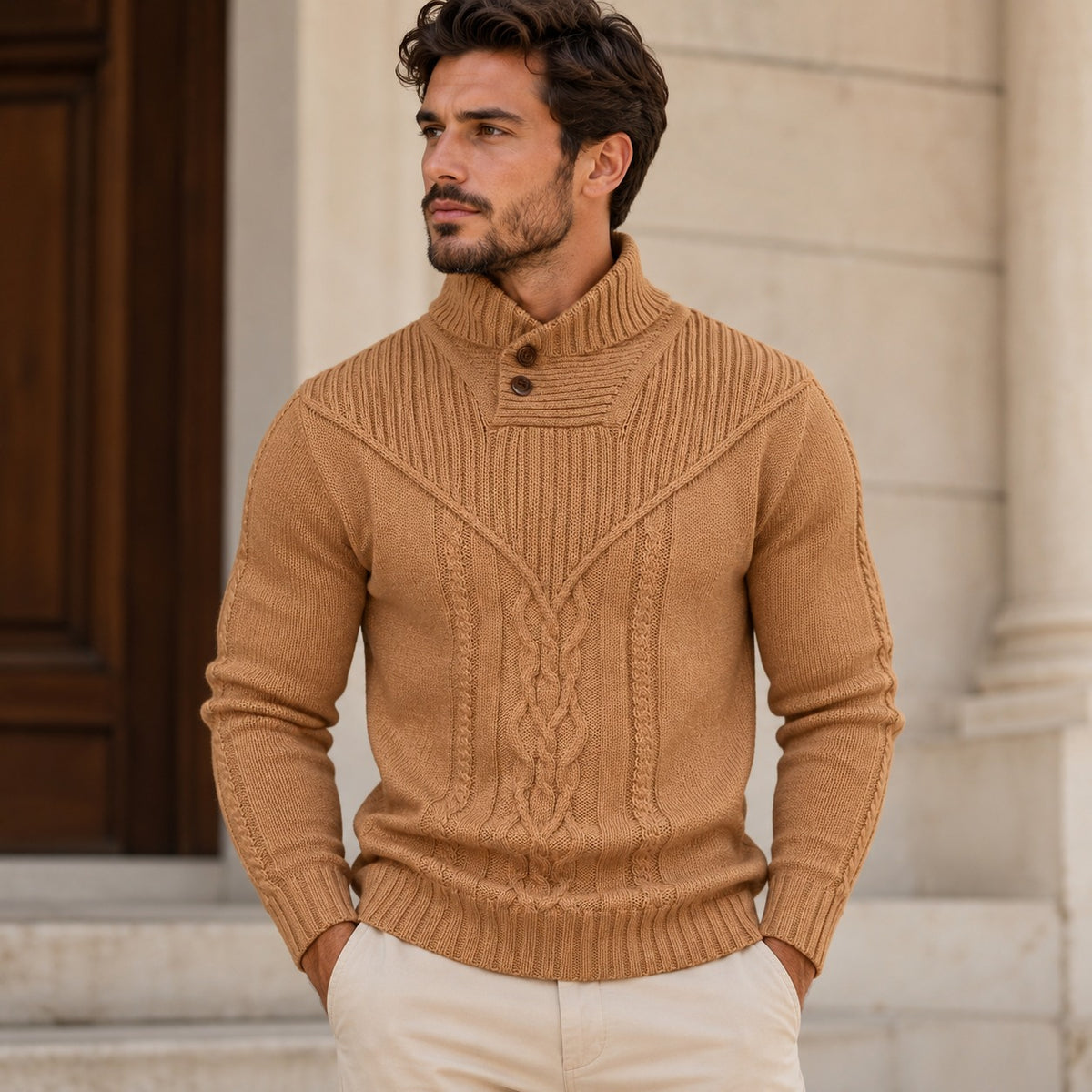 Sweater Darren™ with Textured Knit, Buttoned High Collar and Cable Details