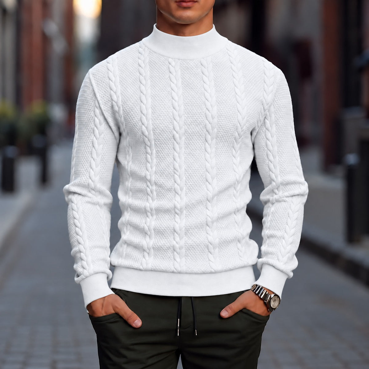 Aldenwood™ Cable-Textured Sweater with a Mock Neck and Premium Finish