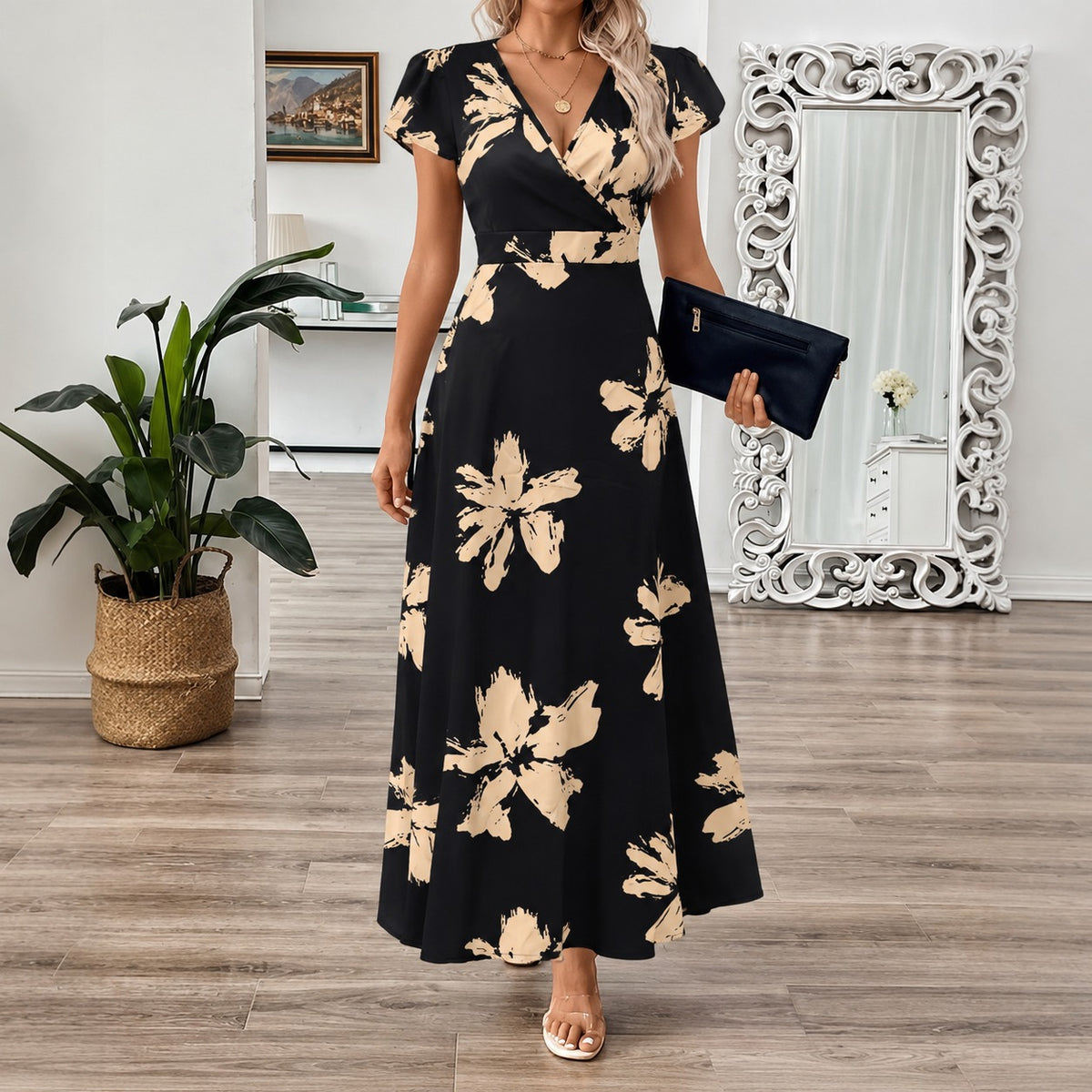 Dress Sabrina™ with a High-Contrast Print, V-Neckline, and Maxi Length