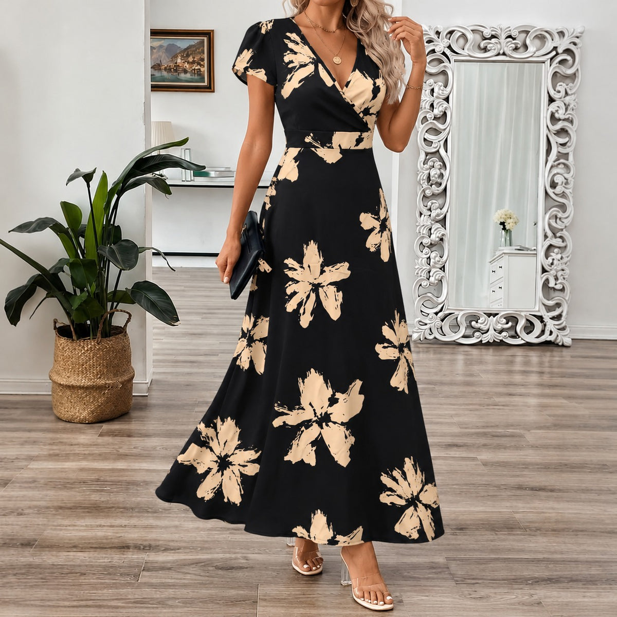 Dress Sabrina™ with a High-Contrast Print, V-Neckline, and Maxi Length