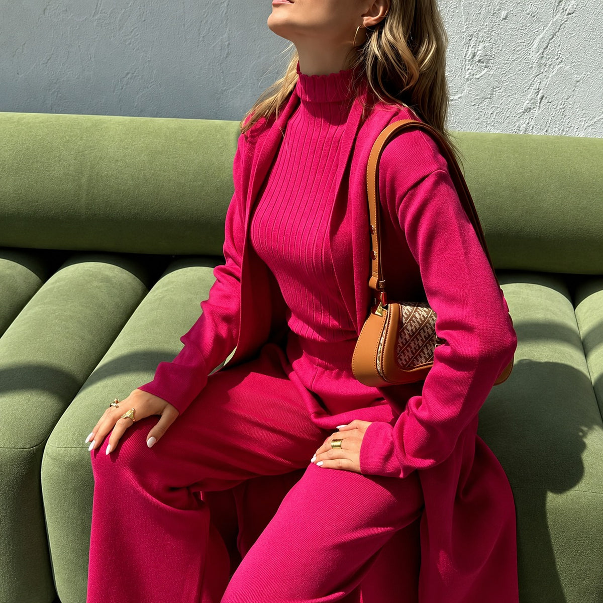 Set Sienna™ with Ribbed Turtleneck Tank, Long Cardigan and Wide-Leg Pants