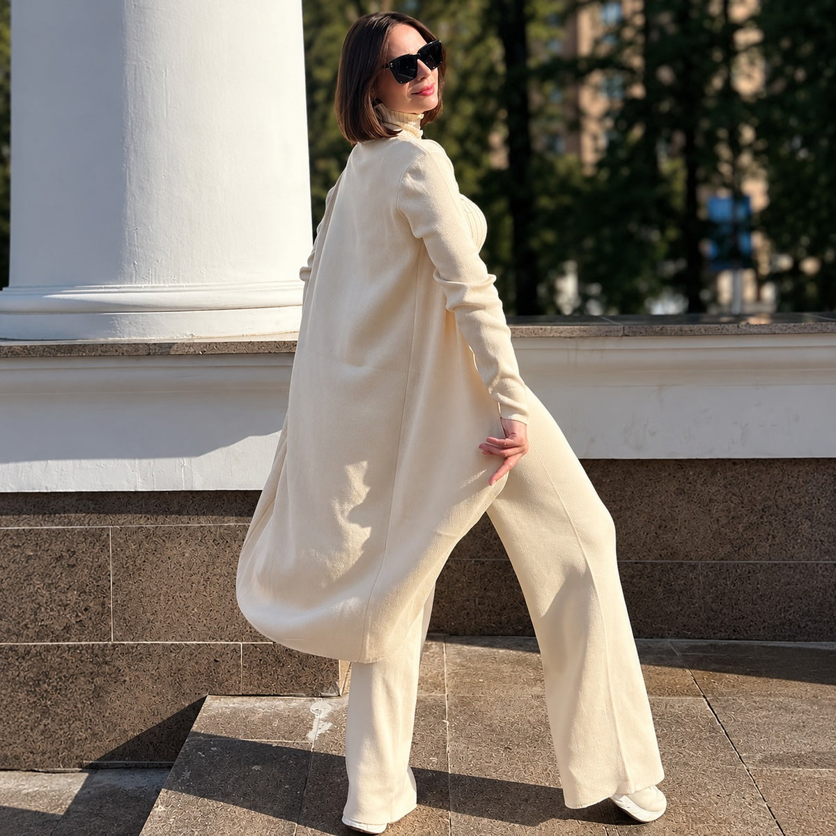 Set Sienna™ with Ribbed Turtleneck Tank, Long Cardigan and Wide-Leg Pants