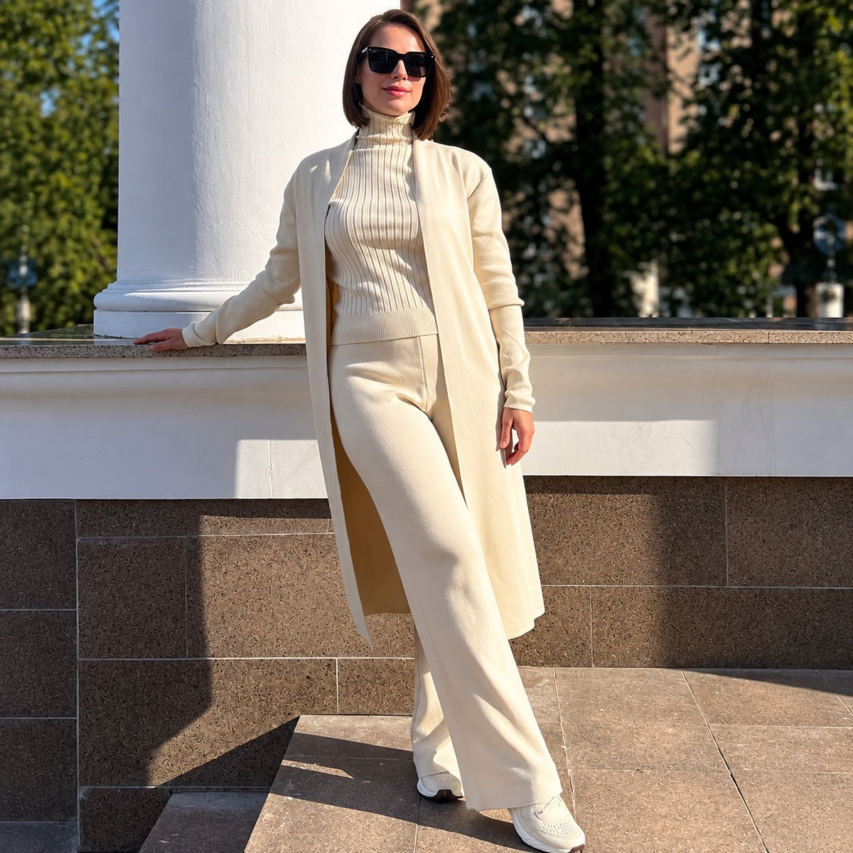 Set Sienna™ with Ribbed Turtleneck Tank, Long Cardigan and Wide-Leg Pants