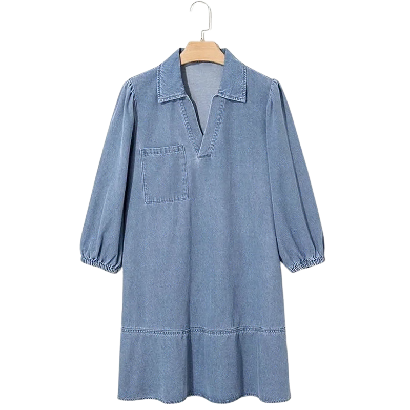 Madalena™ Jeans Dress with Lapel Collar and Puffed Sleeves / The Classic Renewed with Comfort and Femininity