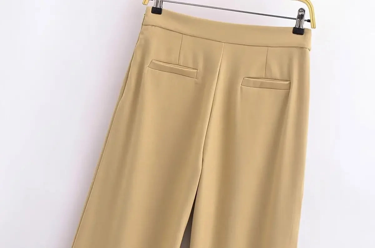 Women’s Wide-Leg Khaki Pants – Elegant High-Waist Trousers with a Modern Overlap Design