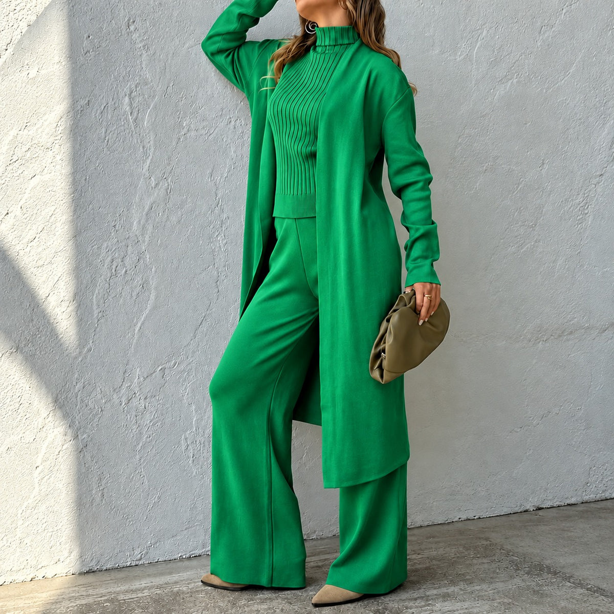 Set Sienna™ with Ribbed Turtleneck Tank, Long Cardigan and Wide-Leg Pants