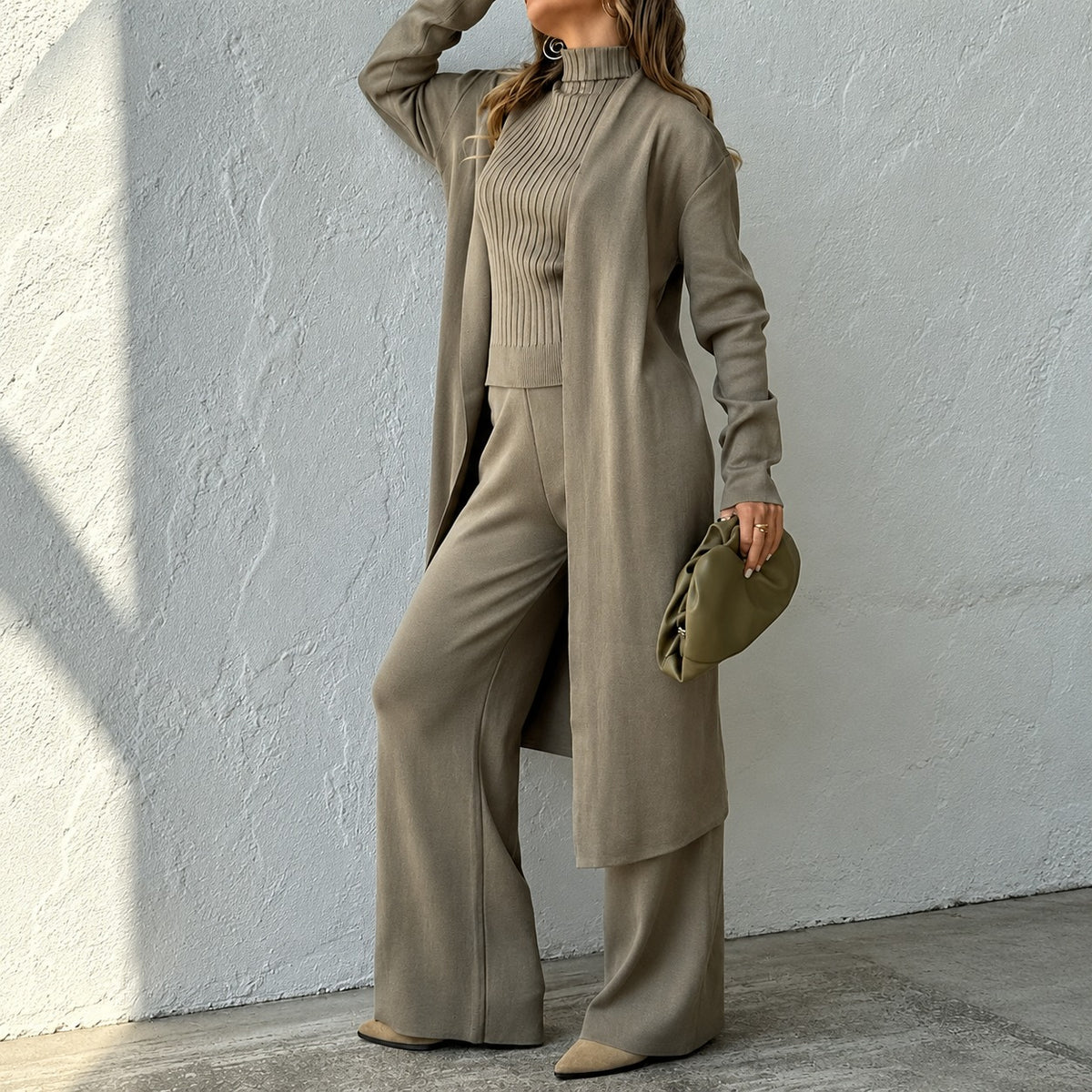 Set Sienna™ with Ribbed Turtleneck Tank, Long Cardigan and Wide-Leg Pants