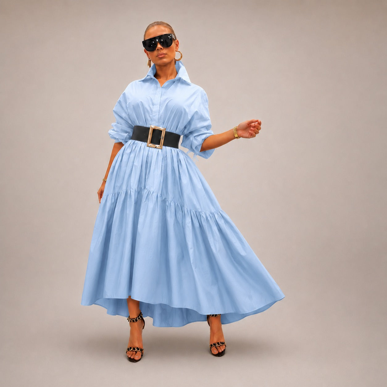 Midi Elowen™ Dress with Collared Neckline, Wide Sleeves and Flowy Silhouette