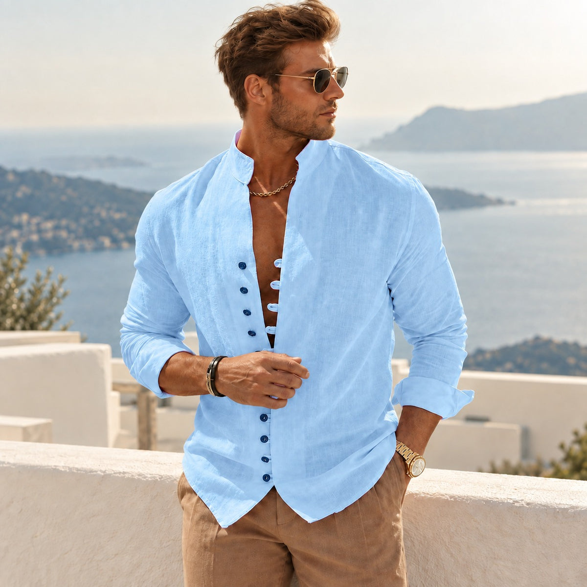 Ferran™ Cotton-Linen Shirt with Mandarin Collar and Old Money Style