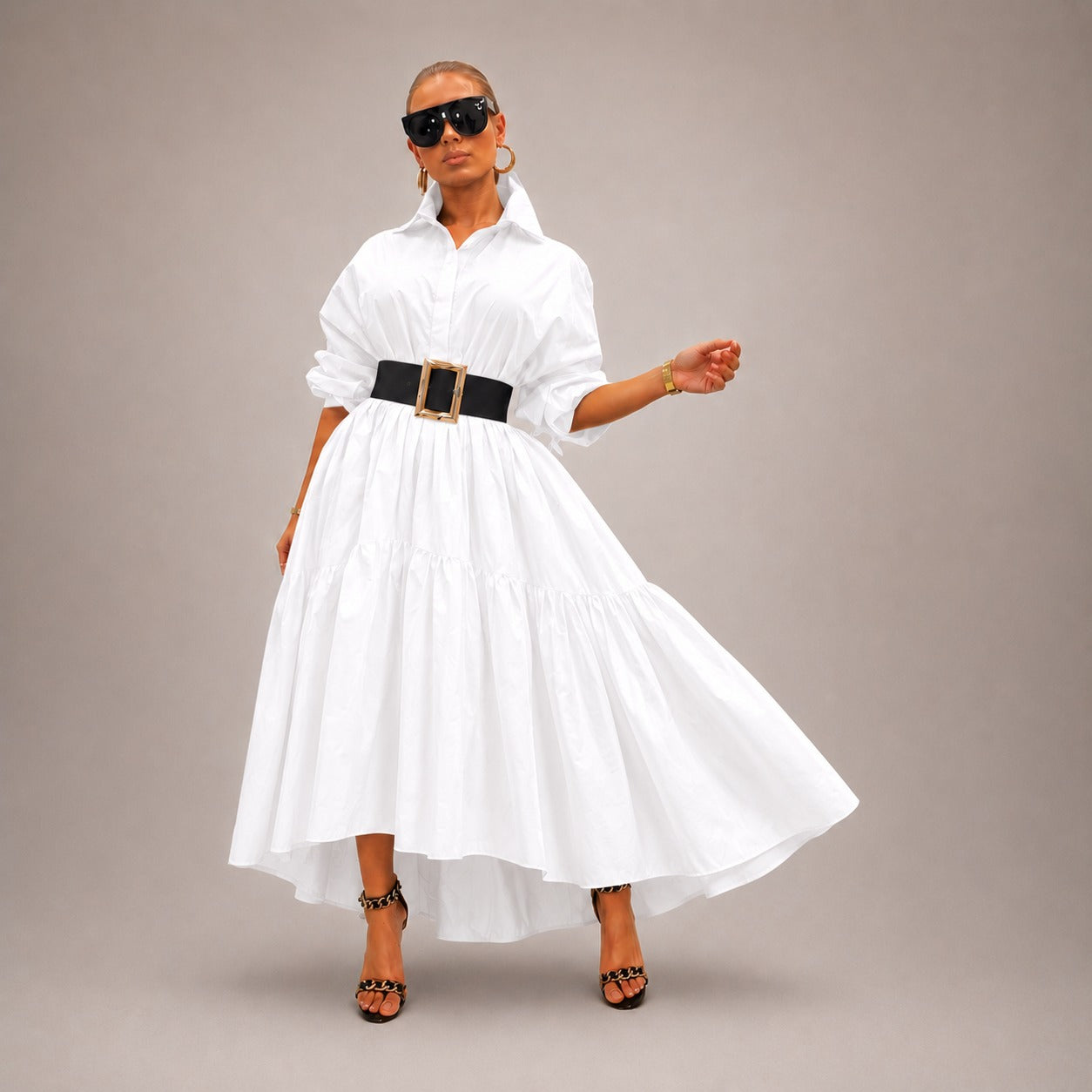 Midi Elowen™ Dress with Collared Neckline, Wide Sleeves and Flowy Silhouette
