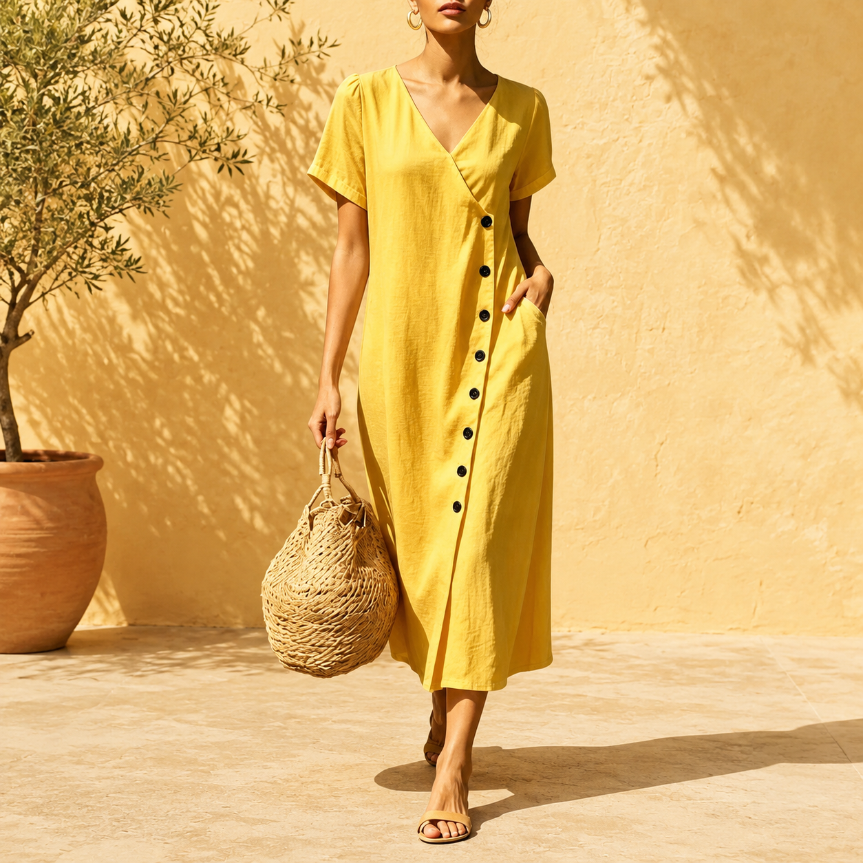 Clarisa™ V-Neck Midi Dress With Elegant Buttons